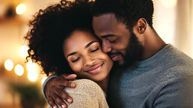 A romantic couple sharing a tight embrace, eyes closed, feeling safe and loved in each other's arms. Concept of unconditional love and support. couple, hug, romance