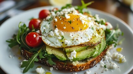 A Delicious Egg Toast with Avocado, Cherry Tomatoes and Feta Cheese