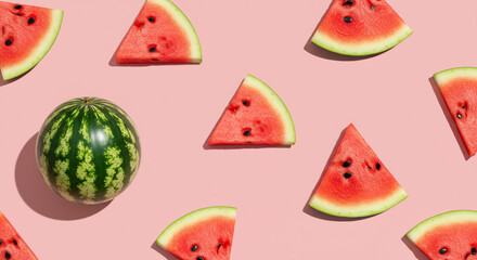 Juicy Watermelon Slices and Whole Fruit on Pink Background Summer Food Pattern