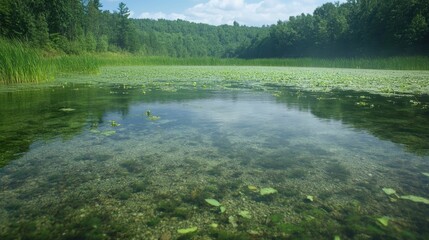 Clear water, aquatic plants, forest backdrop.