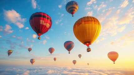 Fototapeta premium Surreal sky adventure hot air balloons dreamy landscape digital art ethereal atmosphere elevated perspective high fidelity