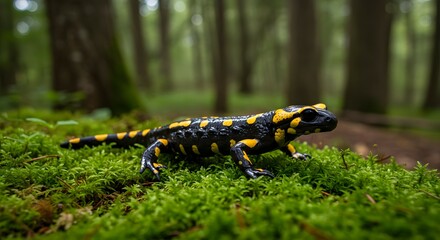 Fototapeta premium Vibrant Yellow-Spotted Salamander Moving Across Lush Emerald Moss in Forest.