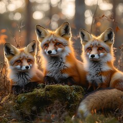 Fototapeta premium Cute fox trio enjoying nature high resolution picture