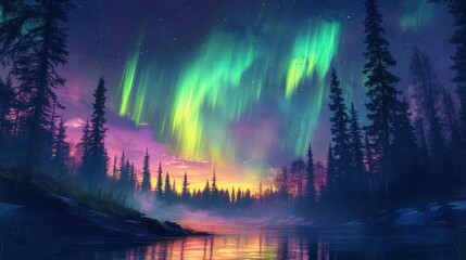 Obraz premium Aurora borealis dancing arctic landscape digital art nighttime wide angle new high fidelity