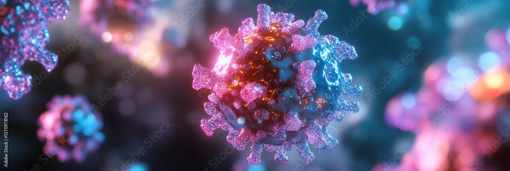 Leinwandbilder Detailed visualization of adeno-associated virus with symmetrical patterns and glowing biofluid in a macro setting