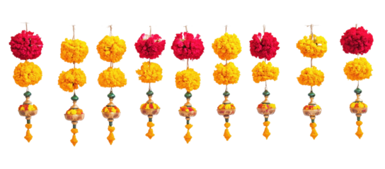 Floral Garlands: A close-up view reveals vibrant, traditional garlands, meticulously crafted with marigolds and other beautiful, bright blossoms, ideal for celebration and display.