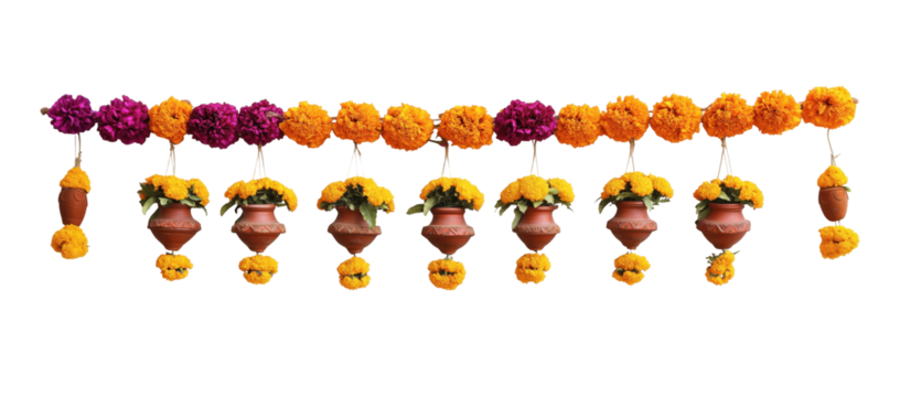 Festive Floral Garland: A vibrant garland adorns a space with its beauty, showcasing a cascade of blooming flowers, each pot contributing to the overall festive spirit.