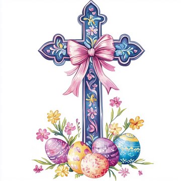 3w a watercolor christian cross with spring flowers and some easter eggs on the bottom