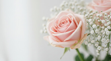 Delicate Pink Rose Close up with Baby s Breath Romantic Floral Arrangement Wedding Flowers