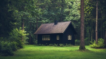 Obraz premium Minimalist black wooden cabin nestled in lush forest environment at dusk