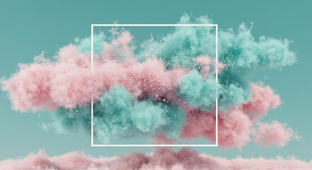 Dreamlike Pastel Pink and Teal Cloudscape with White Frame Abstract Background Texture