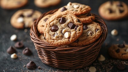 A wicker basket overflowing with freshly baked double chocolate chip cookies. Warm, inviting, and perfect for a sweet treat.