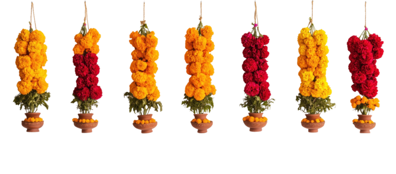 Floral Garland Display: Vibrant, vertically arranged floral garlands in a visually pleasing pattern, each a striking blend of bright, bold colors. 