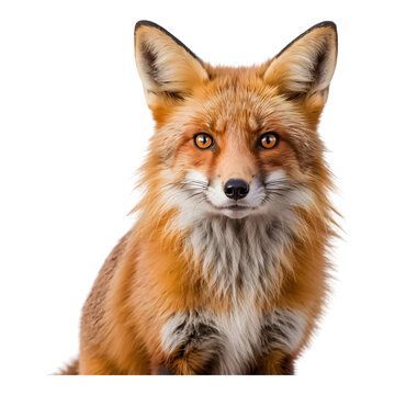Realistic portrait of a red fox with detailed fur on a white background