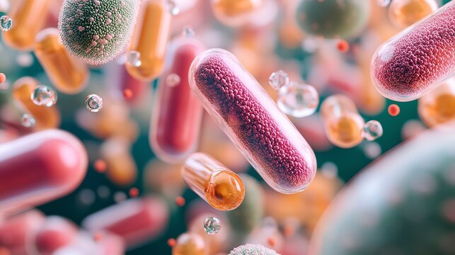 Exploring the microscopic world of vitamins and probiotics in a vibrant and colorful setting