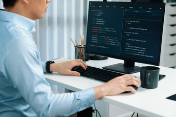 Smart IT developer looking at coding program application on computer screen of online website, analyzing intelligent database system development on business world market at modern office. Infobahn.
