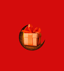 Half Eid Moon with Gift Box. Eid Celebrating concept. Illustrations Red isolated background
