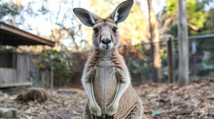 Alert kangaroo stands tall, gazing directly at the viewer. A rustic shed and fence frame the wooded background. Autumn leaves crunch underfoot