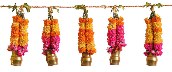 Fototapeta premium Floral Garlands in Full Bloom: Vibrant garlands of colorful flowers, artfully arranged and suspended, creating a captivating visual symphony of natural beauty.