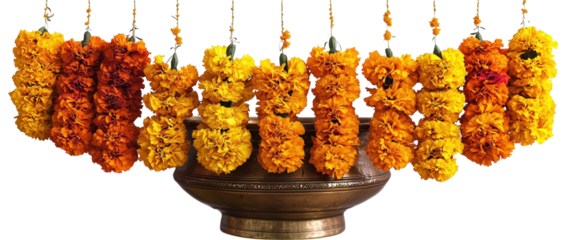 Floral Garland Display: Intricate arrangements of vibrant marigold flowers hang gracefully, adorning a traditional pot, evoking a sense of cultural heritage and aesthetic beauty.
