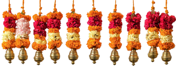 Floral Garland Ornaments: Vibrant garlands adorned with flowers and antique bells, displayed, ready to bring color and festivity. The scene is a burst of color and texture.