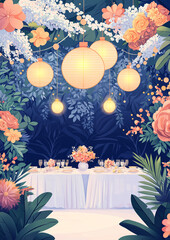 Obraz premium Elegant wedding celebration setup enchanted garden venue floral table arrangement romantic atmosphere evening view love and togetherness