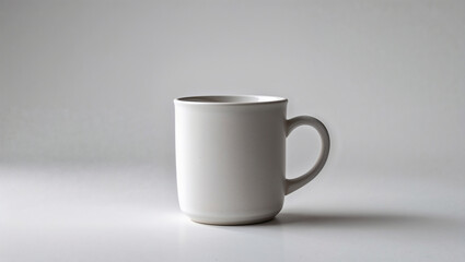 Fototapeta premium A white ceramic mug with a handle is placed on a white surface against a light gray background, creating a clean, minimalist image.