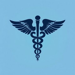 Gold Caduceus Medical Symbol with Wings on a Blue Background
