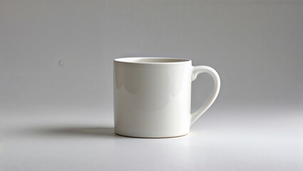 Obraz premium A white ceramic mug stands on a light gray surface, softly lit, with a matching gray background providing subtle contrast.