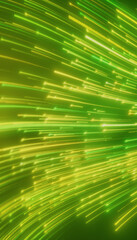 Vertical illustation of glowing neon lines in green and yellow on reflecting floor - abstract background.