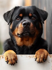 Fototapeta premium A proud rottweiler sits against a sunlit white platform, free from any shadows due to balanced illumination. The high contrast underscores the black-and-tan pattern of its short coat, rendering 
