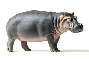 A pygmy hippopotamus stands calmly upon a pristine white base, lit precisely to abolish any shadows. The smooth, dark hide is sharpened by high contrast, accenting subtle texture around the 