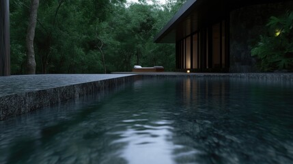 Naklejka premium Modern luxury home nestled in a lush forest. Tranquil pool area with dark exterior
