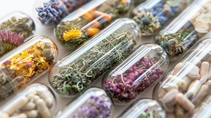 Transparent capsules filled with various medicinal herbs.