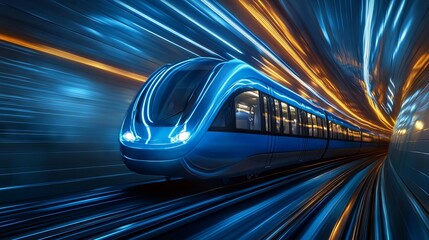 Fototapeta premium The blue train speeds through the tunnel, showcasing cutting-edge technology and innovation