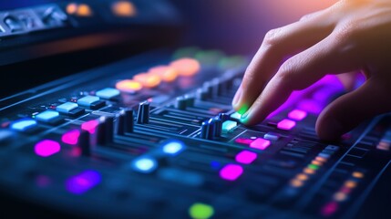 Human hand operating colorful audio mixing console with illuminated sliders