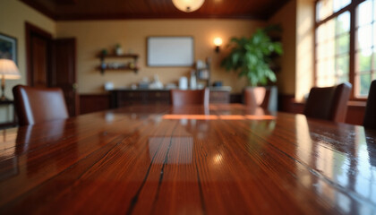 Polished mahogany wood glistening in bright indoor setting, elegance