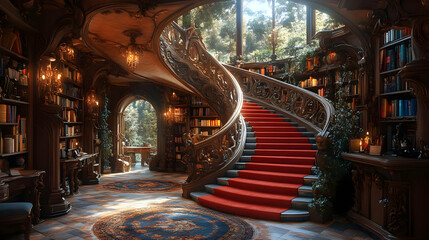 Obraz premium Curved Staircase in a Grand Library 3D Illustration