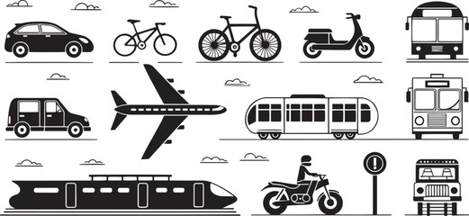 Transport Line Icons - Car, Bike, Plane, Train & More | Editable Stroke Vector