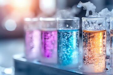 Colorful chemical reactions in laboratory test tubes with glowing liquids in purple, blue and orange creating smoke effects against blurred background.