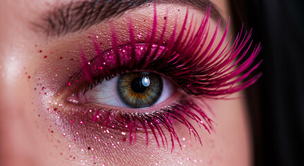 Close up of a Woman s Eye with Pink Glitter and Dramatic False Lashes
