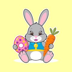 Cute Cartoon Easter Bunny Sitting with Egg and Carrot