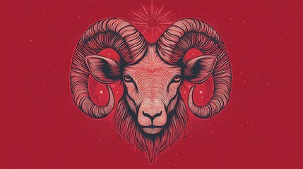 Aries zodiac sign illustration with horns, stars, and a sun on a red background.