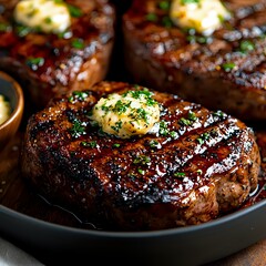 Grilled beef tenderloin steaks topped with herb butter and fresh parsley, showing juicy meat texture with perfect grill marks on dark plate. Restaurant quality food.