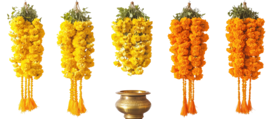 Golden Garlands and Sacred Vessel: A vibrant arrangement of bright yellow and orange marigold garlands, traditionally used in ceremonies, frames a detailed view of a copper vessel.