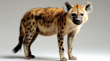 Obraz premium A spotted hyena stands alert on a seamless white surface, bathed in balanced illumination that eradicates shadows. The sandy-colored fur, embellished with spots, is amplified by the high contrast, 