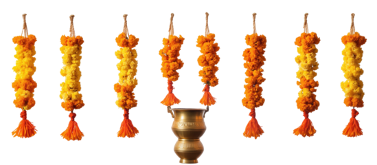 Floral Symphony: Marigold chains in full bloom, artfully arranged alongside a decorative brass pot, create a visually captivating and festive composition.