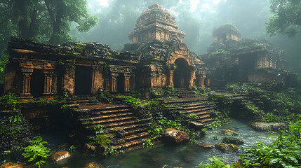 Ancient Temple Ruins Overgrown with Vegetation in a Tropical Forest - 3D Illustration