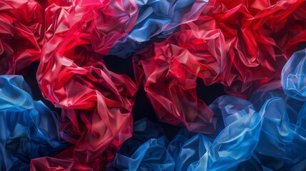 Abstract arrangement shows delicate fabrics in red and blue hues