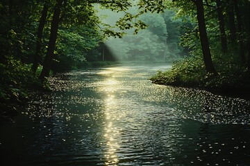 Obraz premium A river winding through a dense forest, with dappled sunlight reflecting off the water's surface